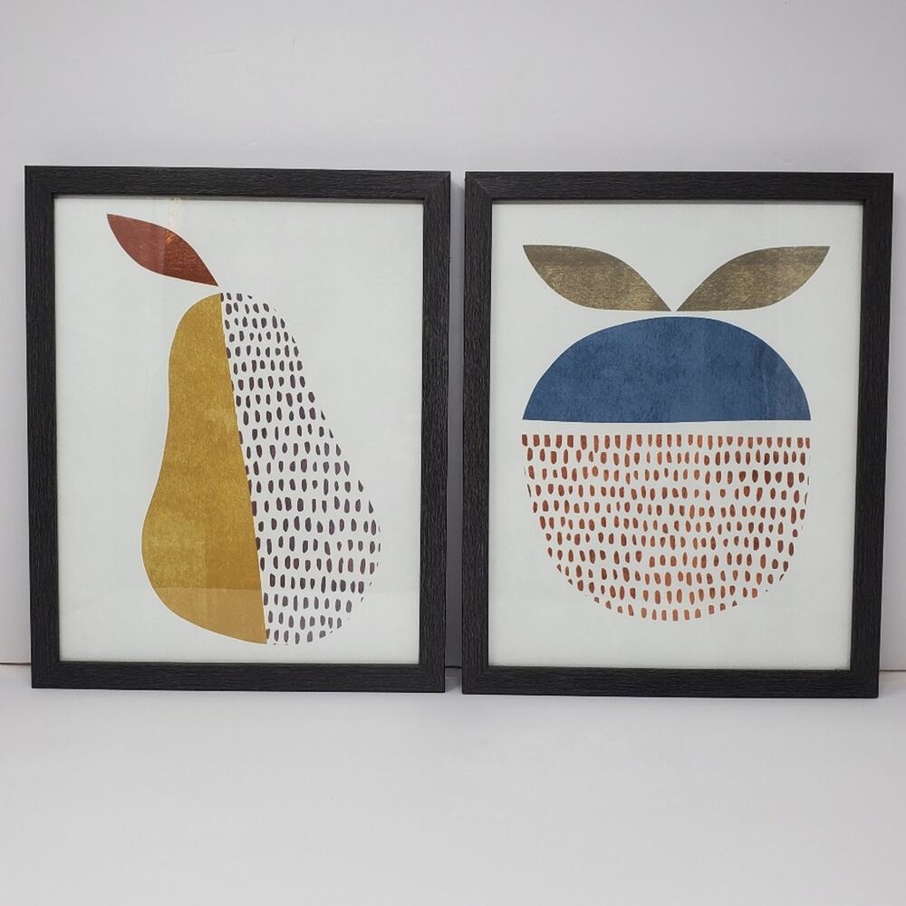 Melrose Set Of 2 Pear And Apple Prints With Grey plastic frames 14.25"x11 5"